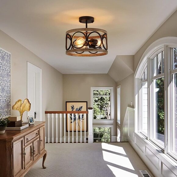 New Modern Farmhouse Ceiling Light Fixtures,3-Lights Black and Retro Wood Finish - Picture 4 of 8